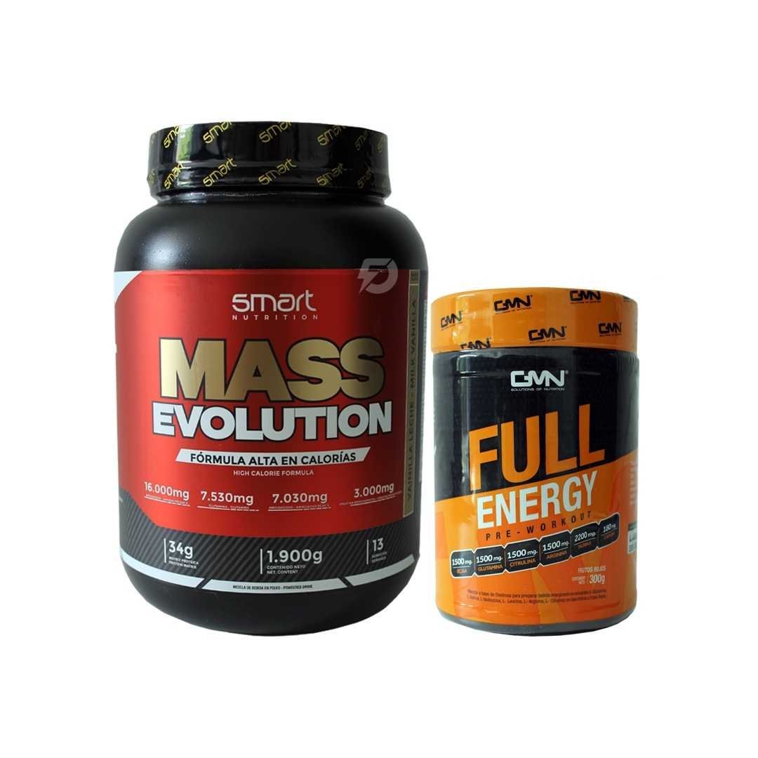 PROTEÍNA MASS EVOLUTION 4 LIBRAS + PRE ENTRENO FULL ENERGY 300 GRAMOS