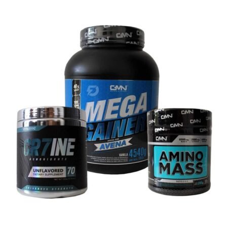 PROTEÍNA MEGA GAINER 10 LIBRAS + CREATINA CR7 INE 350 GRAMOS + AMINO MASS 200 GRAMOS