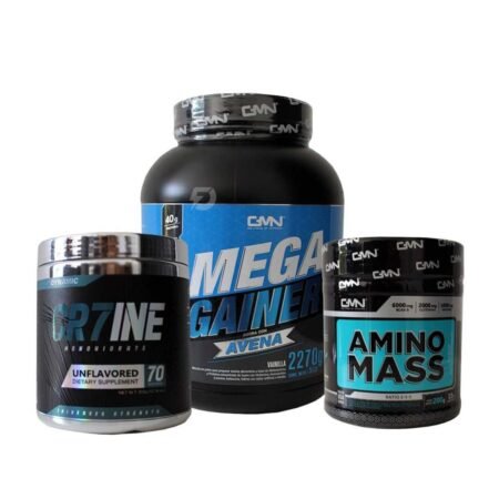 PROTEÍNA MEGA GAINER 5 LIBRAS + CREATINA CR7 INE 350 GRAMOS + AMINO MASS 200 GRAMOS